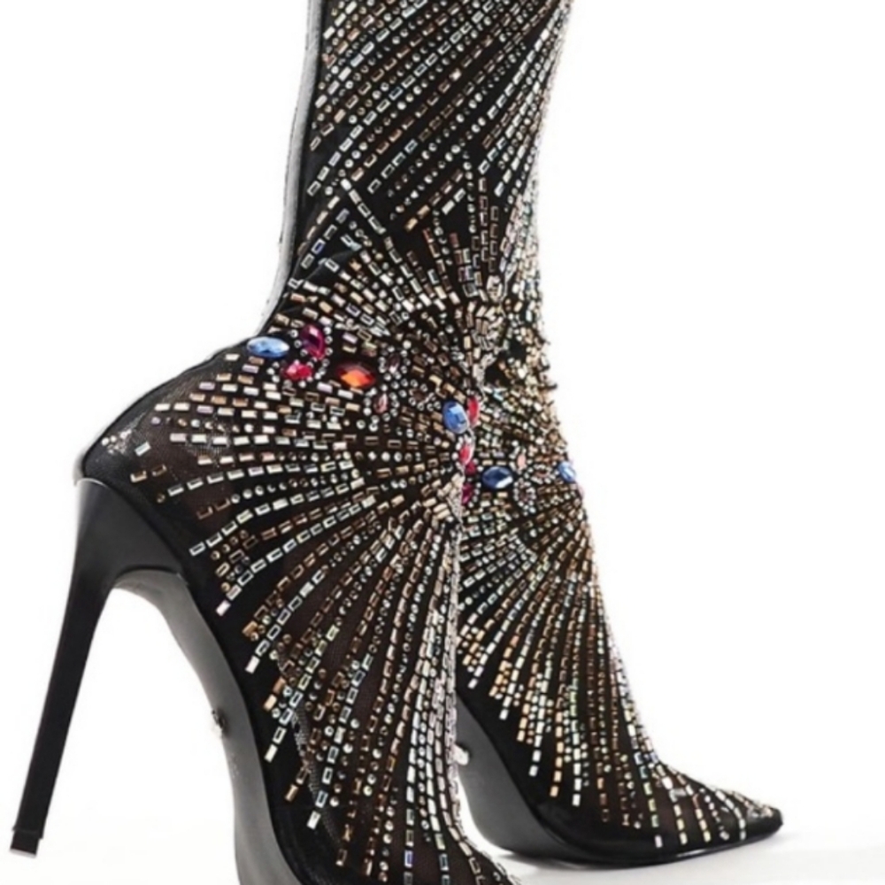 Azalea Wang RHINESTONE CRYSTAL Sheer HIGH Heel STILETTO Sock Boots Chevelle - Picture 7 of 11